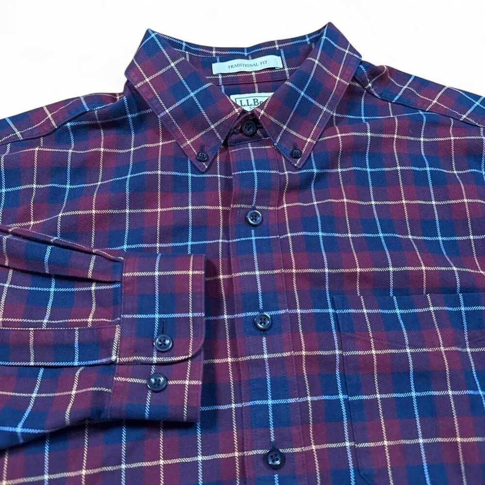 L.L. Bean Scotch Plaid Flannel Button-Up Shirt Men's Large Maroon Navy Trad. Fit